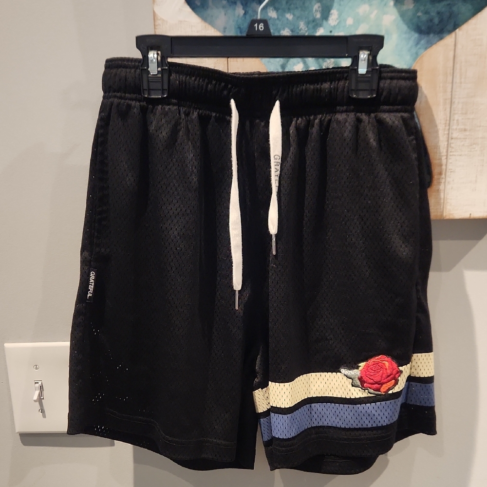 EUC Grateful Women's Sz M Black Mesh Shorts with Rose Embroidery